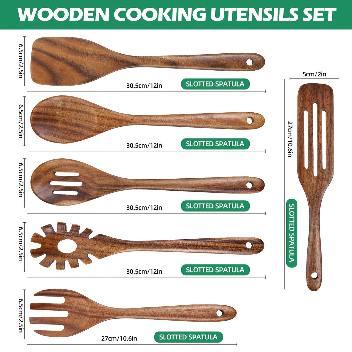 Wooden Cooking Utensils Set 6 Piece – Teak Wood Non-Stick Kitchen Tools with Comfortable Grip – Sturdy, Lightweight & Heat-Resistant Utensils for Indoor & Outdoor Cooking