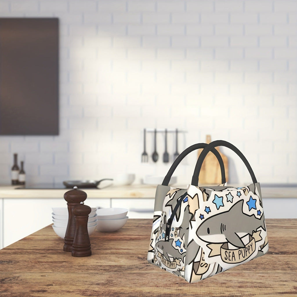 Cooler Bag with Grey Shark Pattern | Carry-along Reusable Insulated Lunch Bag for Camping, Picnic, Beach, Office, Home & Outdoor Use, Fun Kids & Adults Novelty Cooler Tote, 11 x 6.3 x 6.7 in