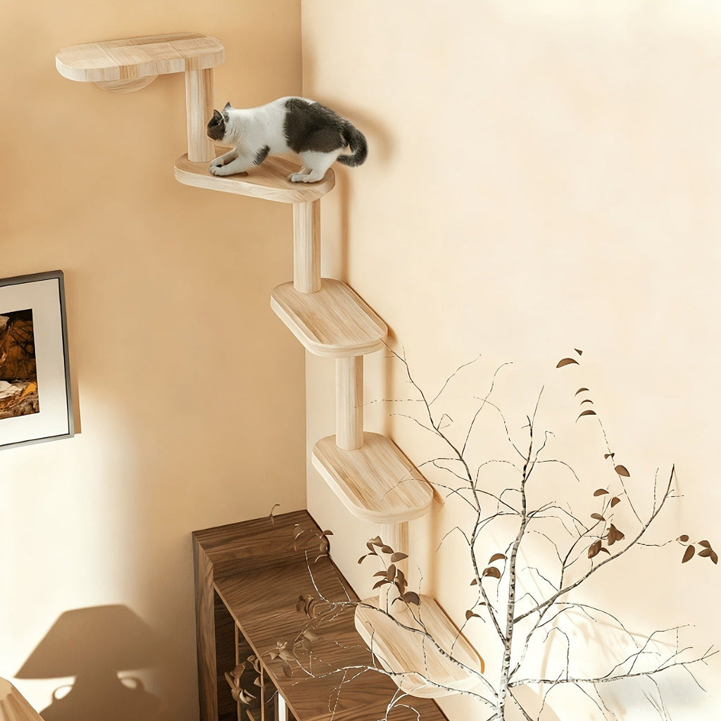 Wall-Mounted Cat Tree 5 Layers Solid Wood Indoor Cat Climbing Frame Jumping Platform Ladder Space-Saving for Small Spaces Multi-Cat Homes Living Room Bedroom - product image 11