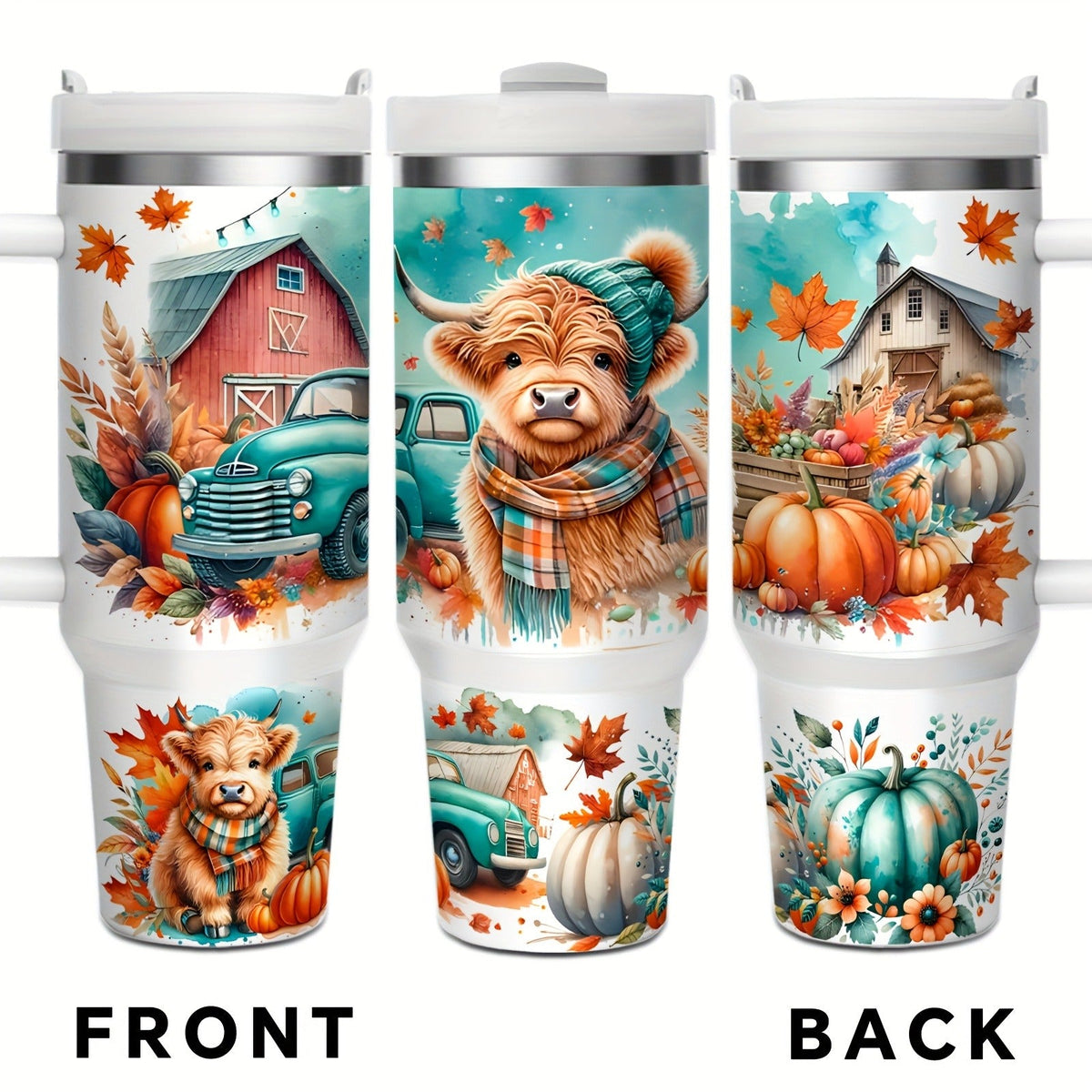 Stainless Steel Insulated Tumbler With Lid and Straw – 40oz & 16oz Highland Cow Thanksgiving Water Bottle With Handle – Keeps Cold 24 Hours Hot 12 Hours – Portable Travel Cup for Car Home Office Birthday Gift