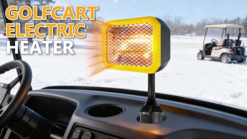 400W Electric Golf Cart Heater Carbon Fiber Fast Heating 360° Adjustable Angle Battery Powered Carry-along Heater with Cup Holder Adapter Compatible with 48V Golf Cart Systems Golf Cart Accessories