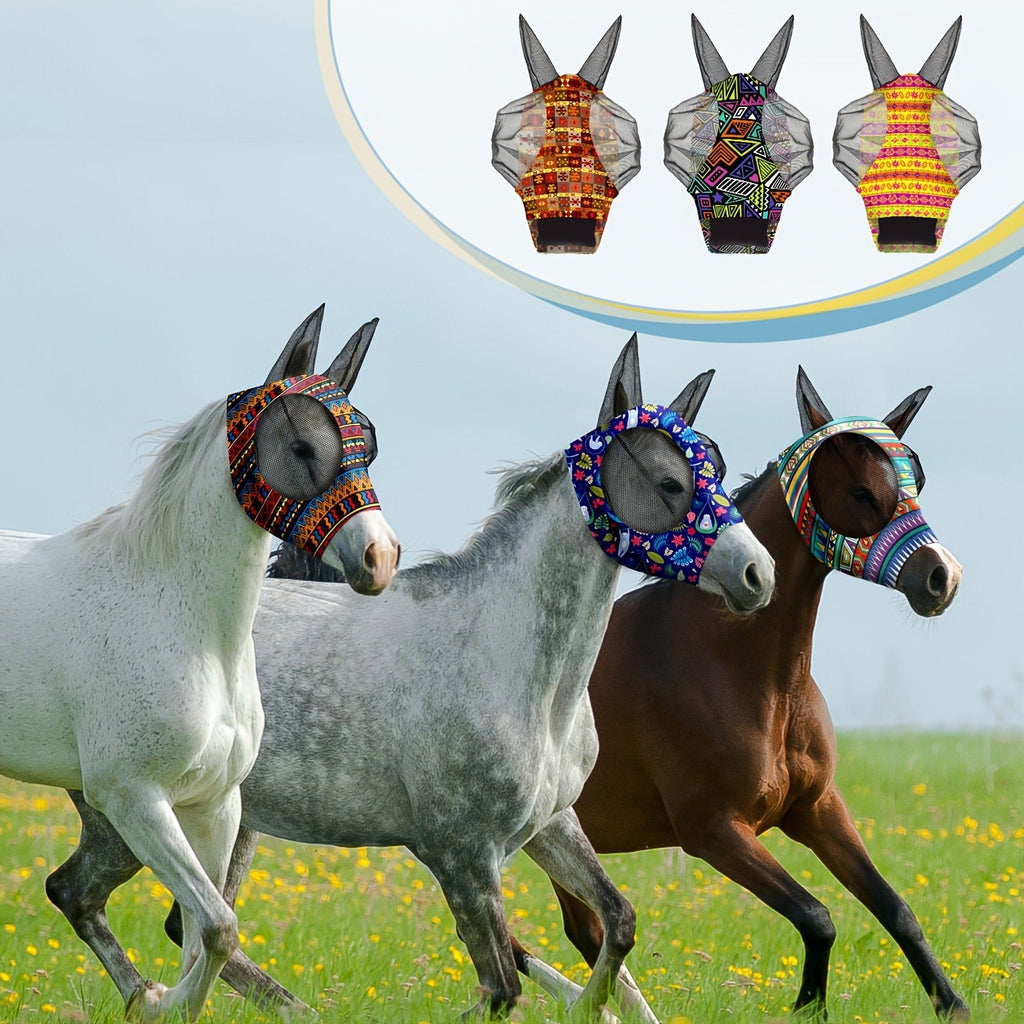 Horse Fly Mask with Ears 6-Pack – Soft Elastic Breathable Face Covering for Horses – Smooth Comfortable Fit, Geometric Pattern, Medium Size, Equine Riding - product image