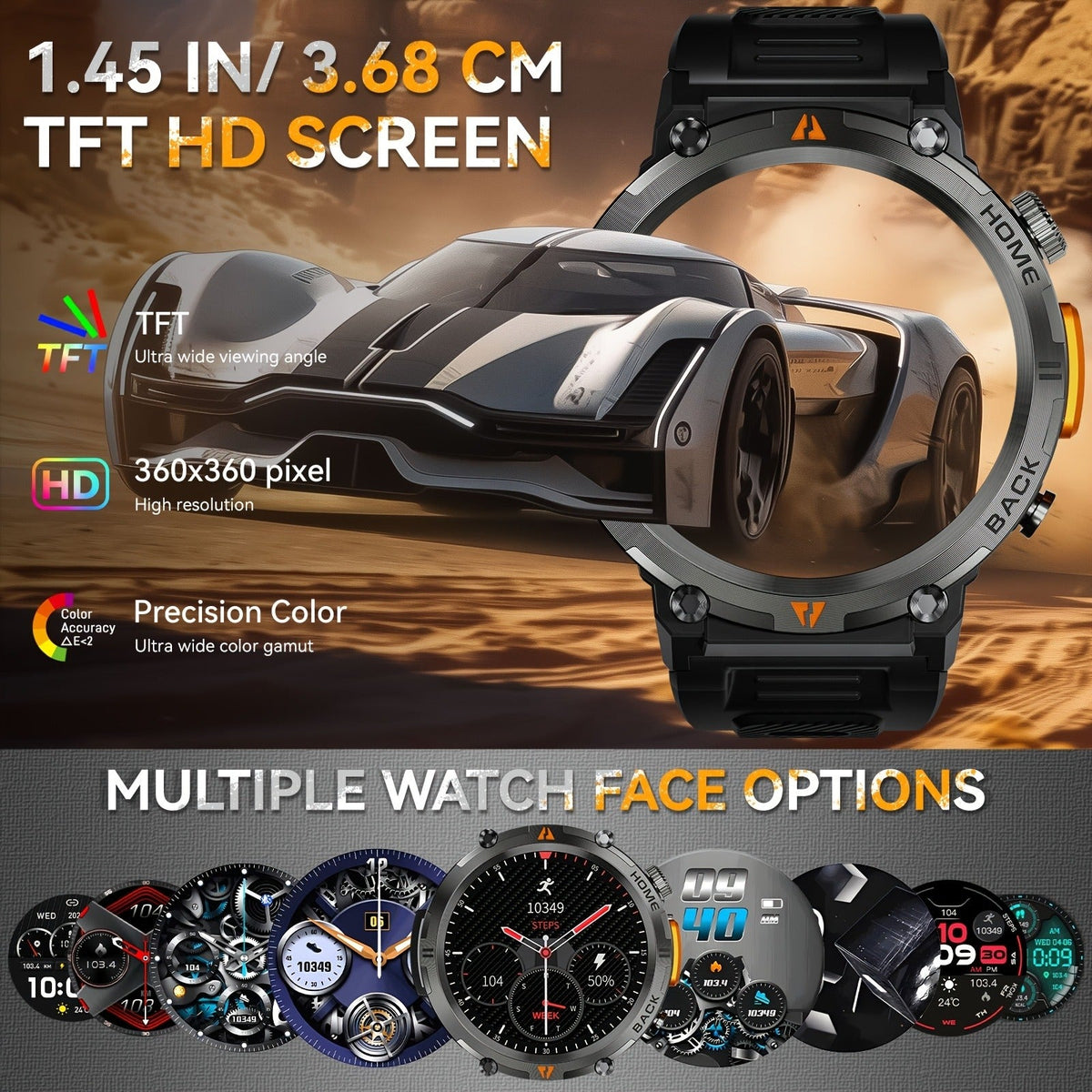 Wireless Calling, HD 1.45" Screen, LED Light, Fitness Tracker, iPhone & Android | EIGIIS KE3 Rugged Smartwatch for Men - product image 6