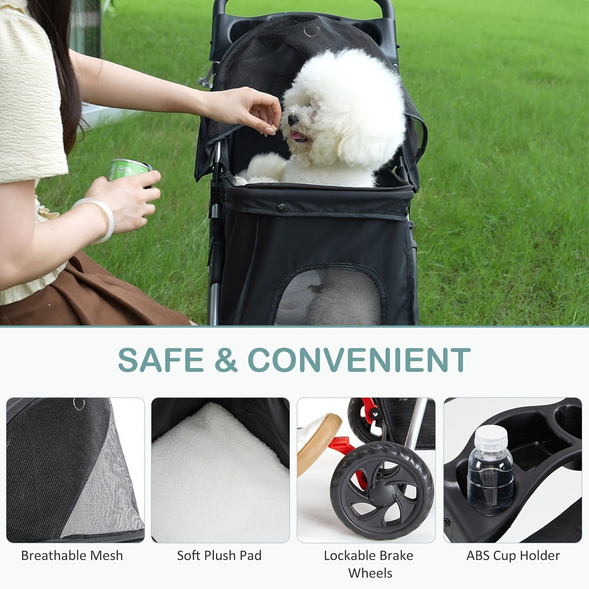 Foldable Jogger Stroller with Weather Cover, Storage Basket & Cup Holder, Breathable Mesh Window, All-Season Outdoor Walk Pram, Black | 3-Wheel Pet Stroller - product image 14