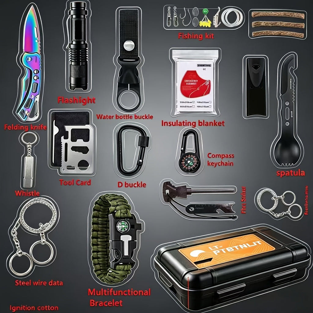 Outdoor Survival Kit 12-115 Piece – Unique Outdoor Gift Idea – Emergency Gear Set for Camping, Hiking & Survival, Multi-Tool Equipment for Men, Dad, Husband