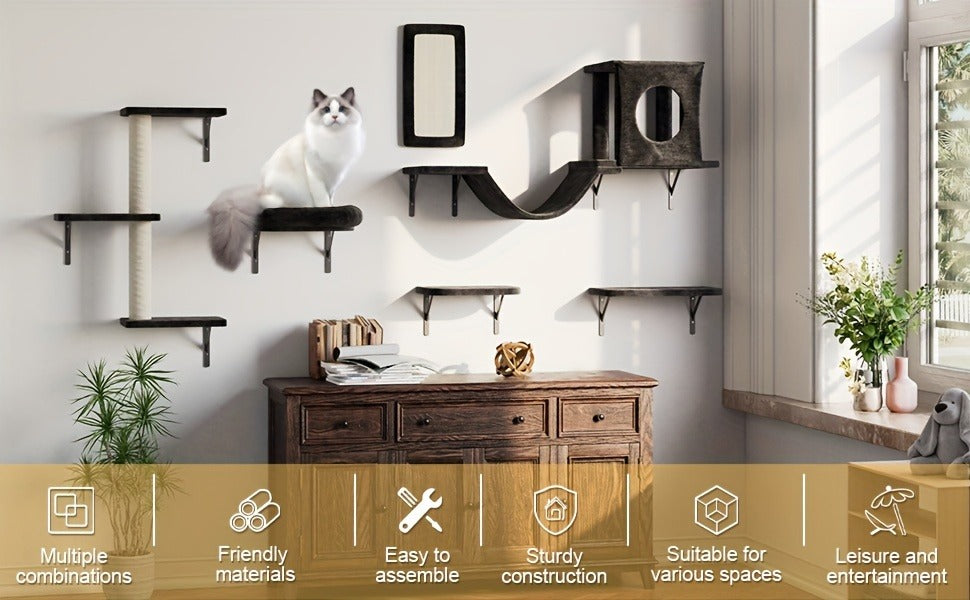 7-Piece Deluxe Wall Mounted Cat Furniture with Condo, Scratching Post, Bridge, Ladder & Tunnel for All Cat Sizes – Cat Wall Shelf Climbing Set - product image 10