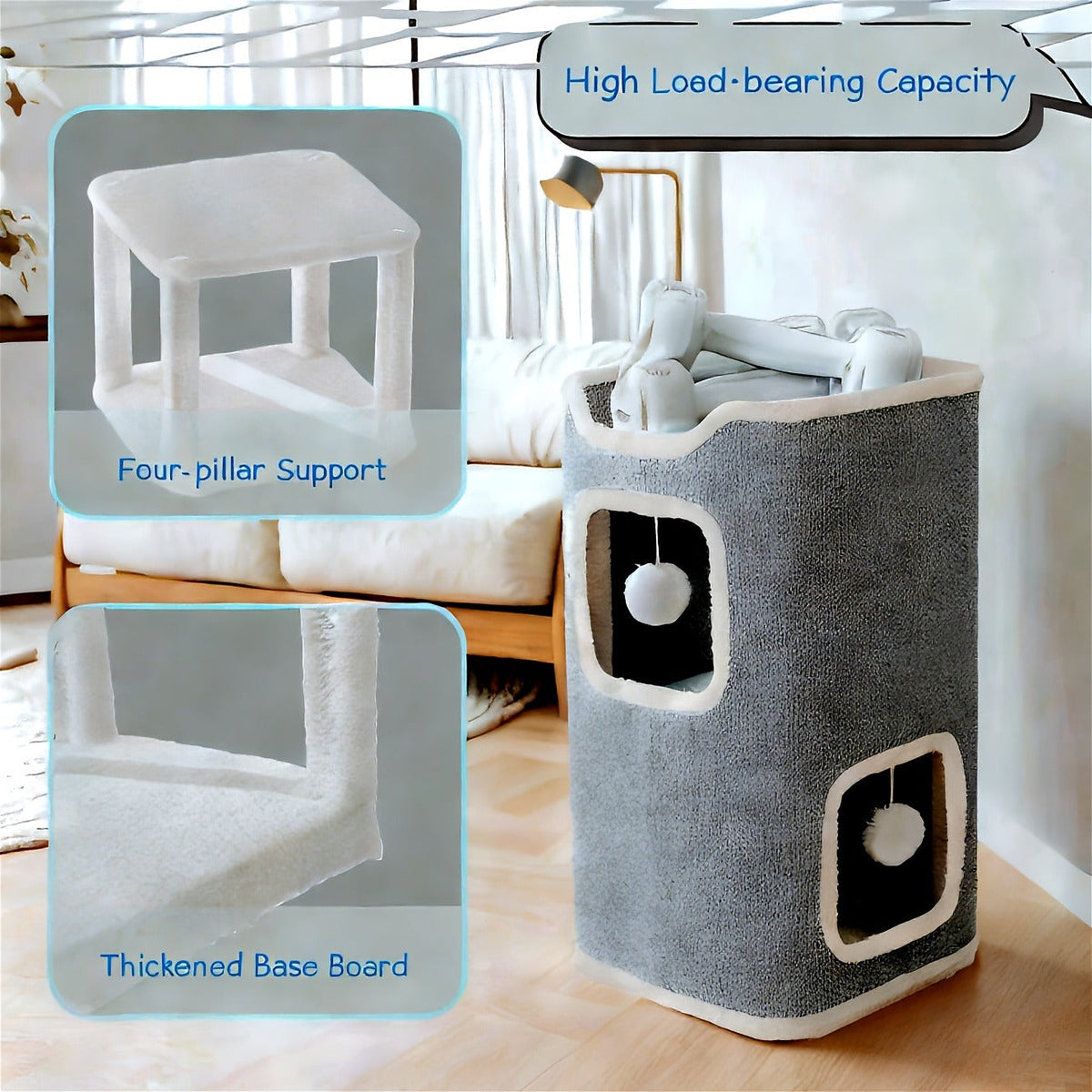 Cat Tree Tower Multi-Level Collapsible | Indoor Cat House with Scratch Resistant Post, Soft Top Cat Bed, Cat Hideaway & Bell Ball Toy, 1 2 3 Layer Cat Climbing - product image 10