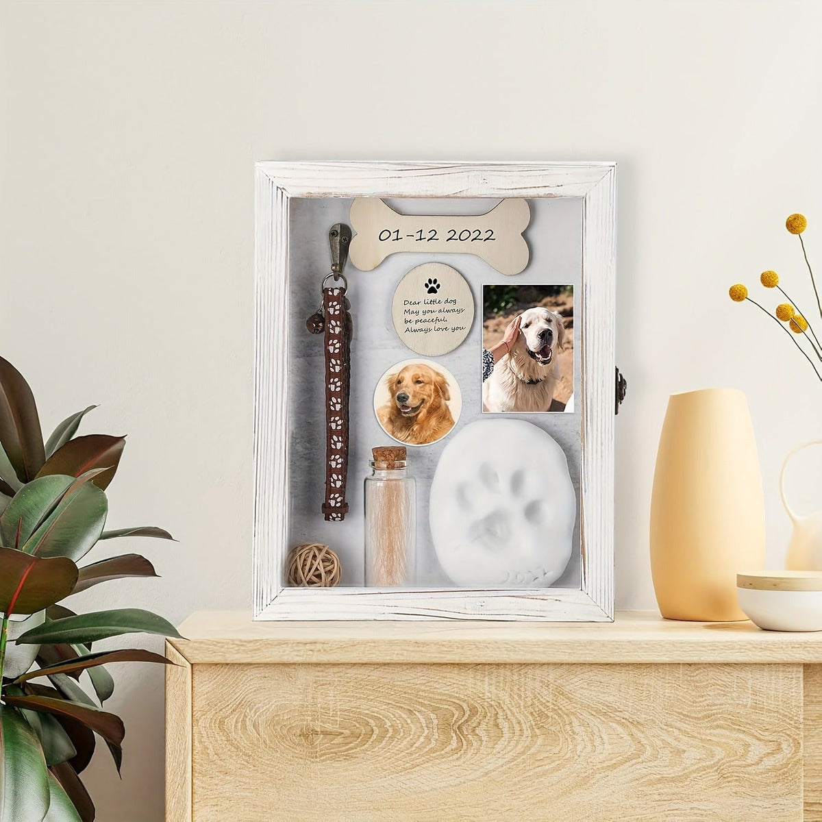 Pet Memorial Shadow Box 8x10 Wood Frame Display Case with Paw Print Kit Small Bottle & Pins – Dog Cat Urn Ashes Keepsake Box for Loss Pet Remembrance Memory Gift – 1 Set