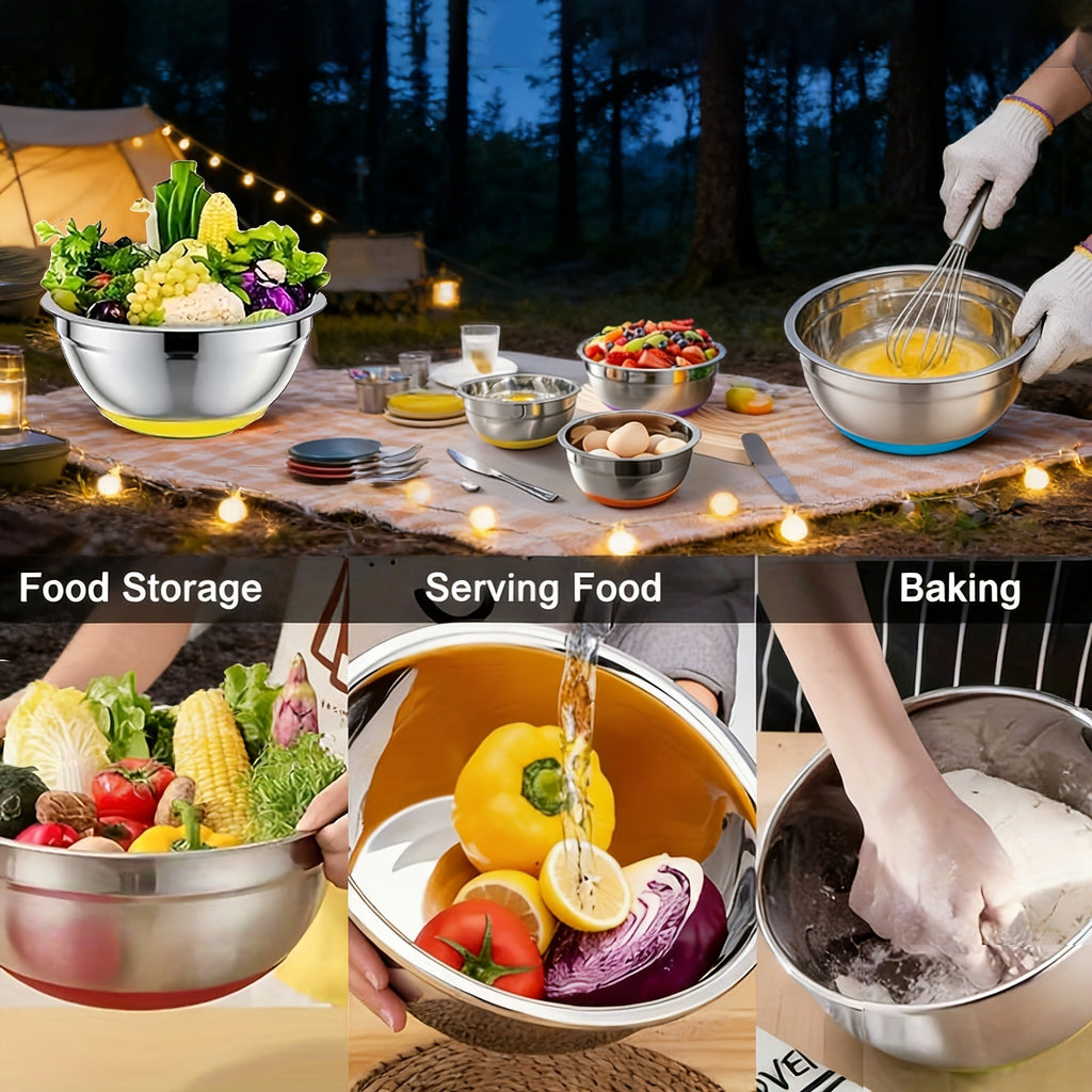 Stainless Steel Mixing Bowls Set with Airtight Lids 7 Piece | Dishwasher Safe Kitchen Bowls for Cooking Baking Camping Travel | Stackable Nesting Bowls with Measuring Spoons Whisk Spatula Tongs Basting Brush