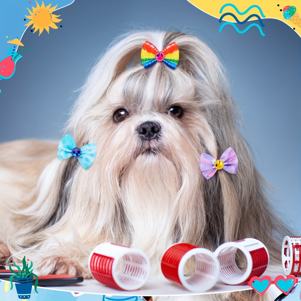 Colorful Spring Dog Topknot Bows for Small Dogs, Cats & Grooming Salons, Bulk Hair Bow Set | Dog Hair Bows 100 Pack Tie Dye Rhinestone Puppy Grooming - product image 2