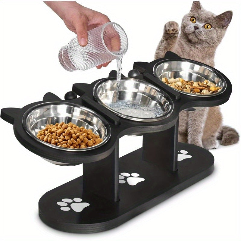 Elevated Cat Bowl Stand with Tilted Stainless Steel Bowls | Adjustable Raised Feeder, Anti-Spill, Black Wood Base for Cats & Small Dogs - product image 6