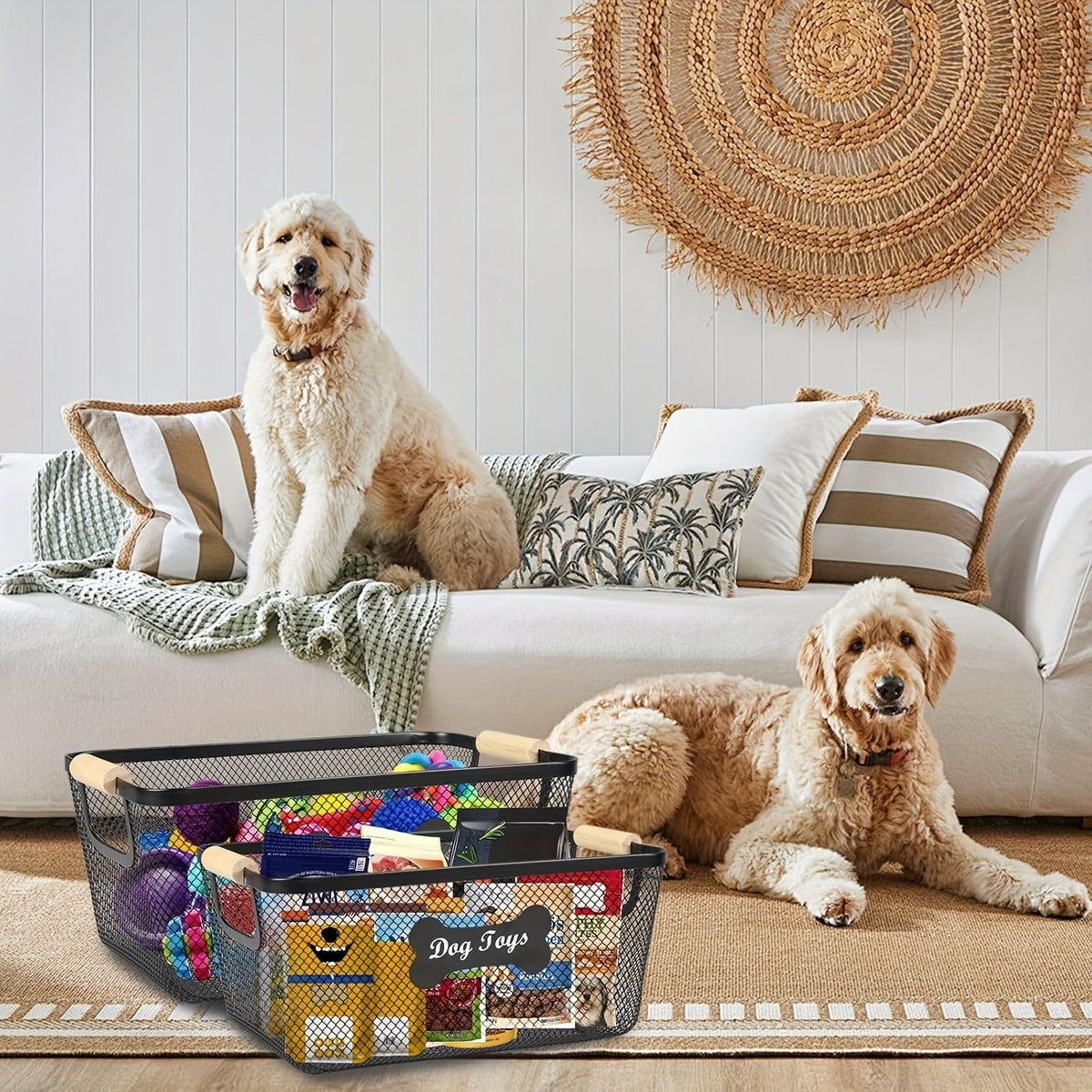 2-Pack Mesh Wire Organizer Bin for Dog Toys, Collars, Blankets & Accessories | Metal Dog Toy Storage Basket Set with Wooden Handles - product image 3