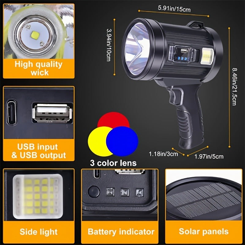 Waterproof LED Flashlight 6 Modes 3 Color Filters Solar USB Rechargeable IPX4 Torch for Hunting Camping Boating Hiking Emergency for Patio & Backyard Use - product image 8
