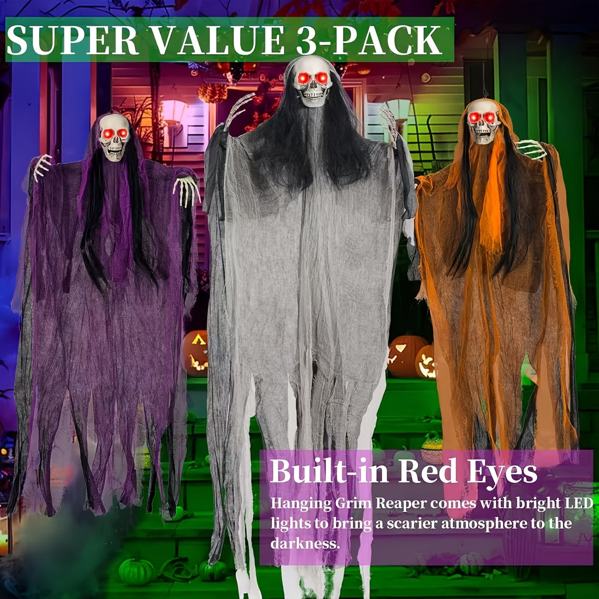 Halloween Decorations: 3pcs Hanging Skeleton & Set (Sound-Activated Light-Up Eyes) Indoor/Outdoor Yard & Lawn Spooky, Colorful Fabric "Grim Reaper" - product image 2