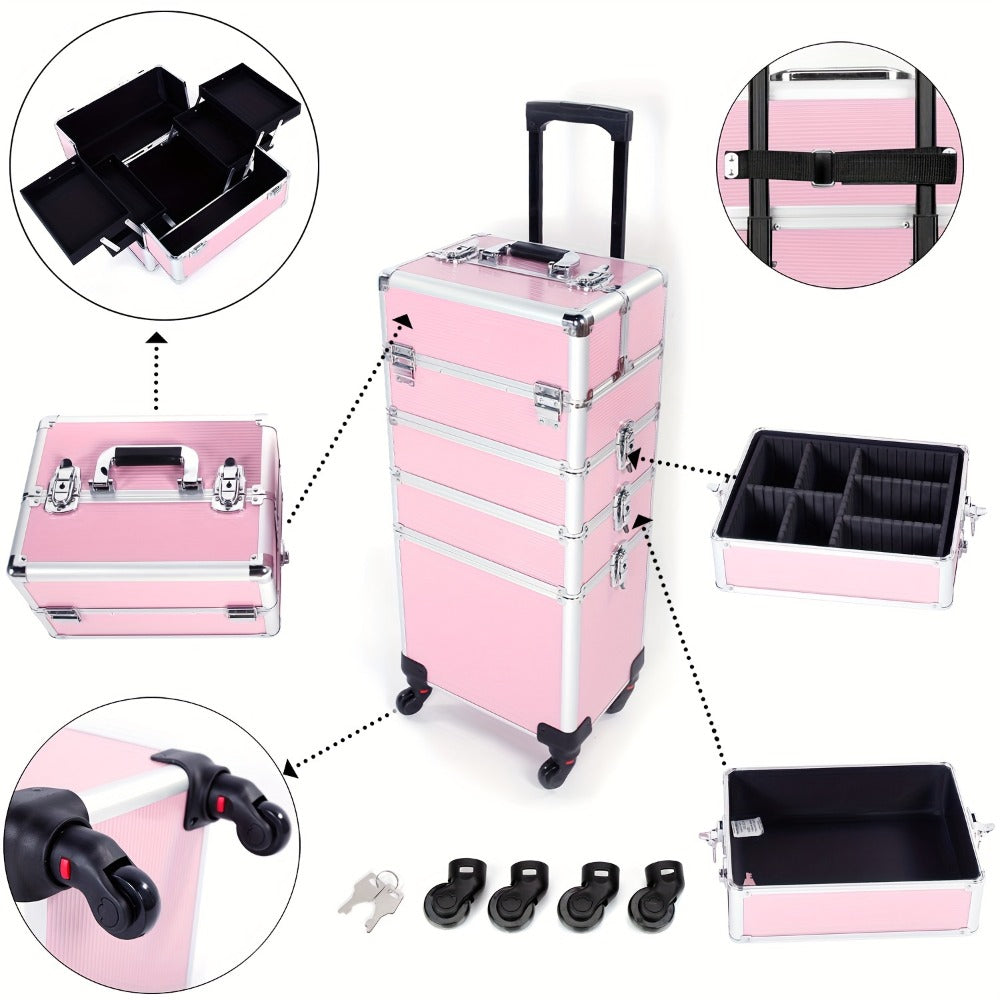 Rolling Makeup Case Aluminum 4-in-1 Extra Large Professional Cosmetic Trolley with 360° Swivel Wheels for Makeup Artist Tattoo Artist Salon Travel Black Pink Silver - product image 10