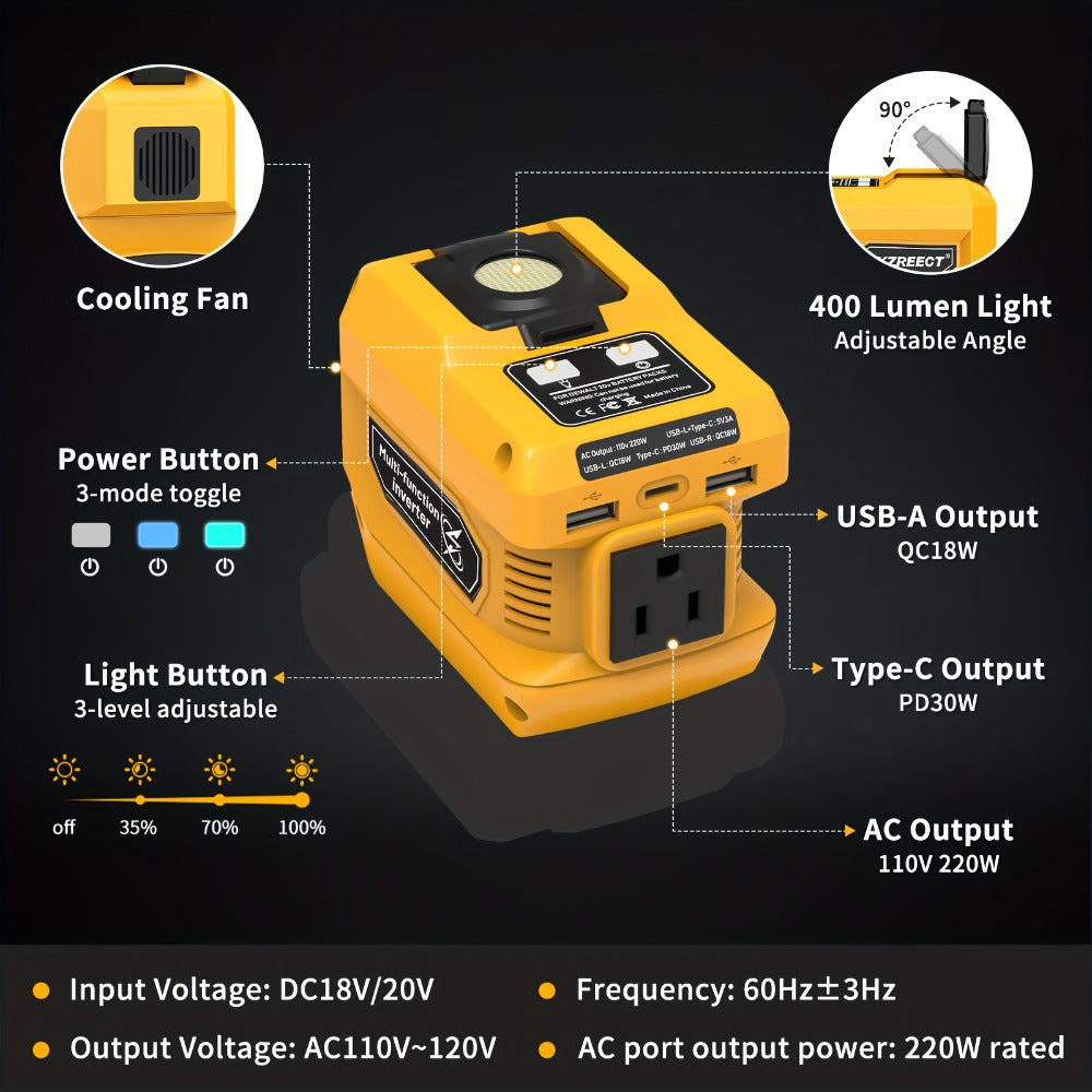 220W Portable Power Inverter for DeWalt 20V Battery AC Outlet Converter Camping Travel Emergency Backup Silent Fan Cooling - product image 5