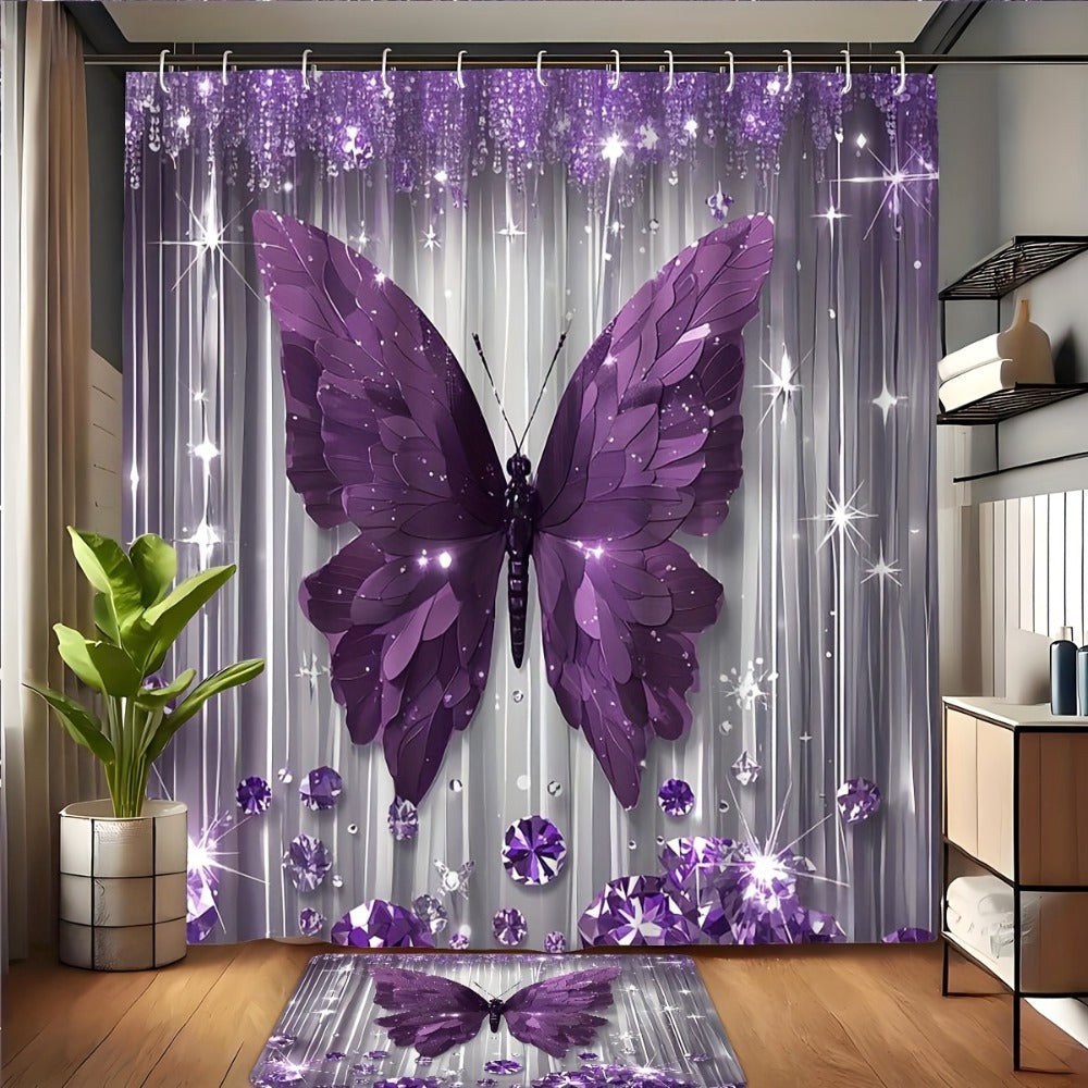 Shower Curtain Set Diamond Butterfly Print 70.8x70.8 Inch - 4 Piece Bathroom Set with U-Shape Toilet Seat Cover Non-Slip Rug 12 Hooks Machine Washable | Cyan Purple Pink | All Seas - product image 6
