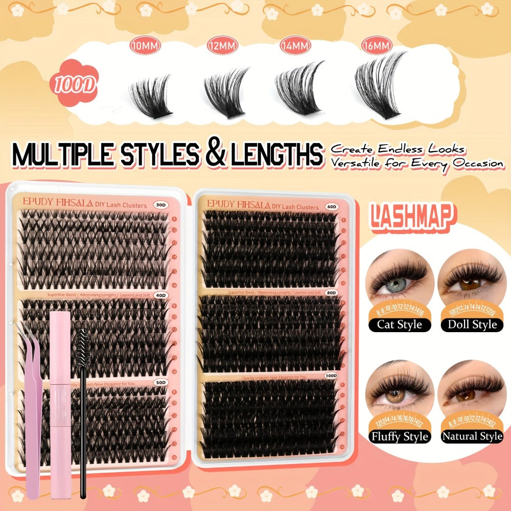 708Pcs Mixed Density Lash Clusters Kit 8-16mm 30D-100D Mega Volume with Glue Tweezers & Brush – Soft Reusable DIY Cluster Lashes for Natural to Dramatic Salon-Style Eye Makeup at H - product image 6