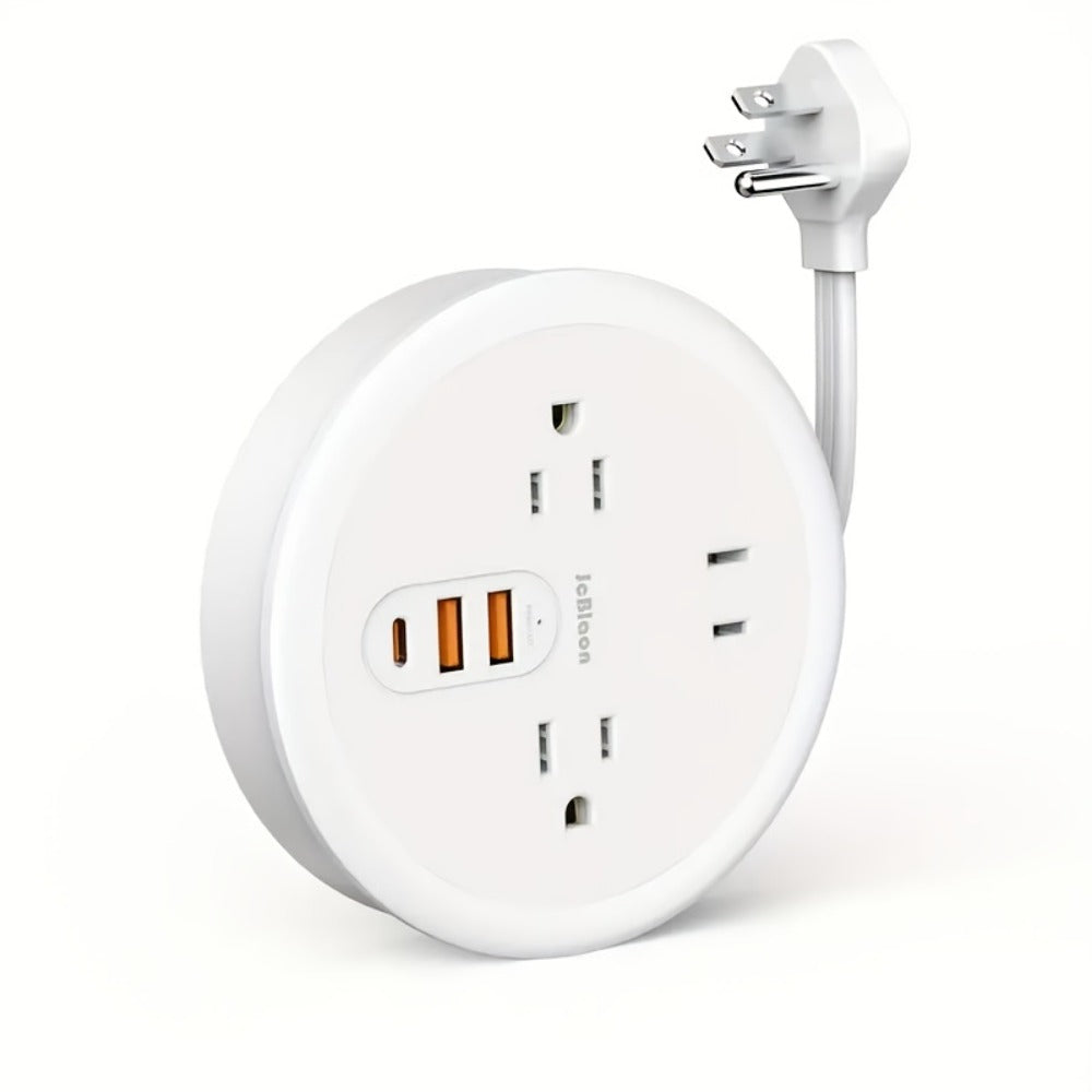 Travel Power Strip Retractable 4ft Flat Plug Extension Cord 3 Outlets 3 USB Ports 2 USB-C Compact Charging Station for Dorm Office Home Desk Travel - product image