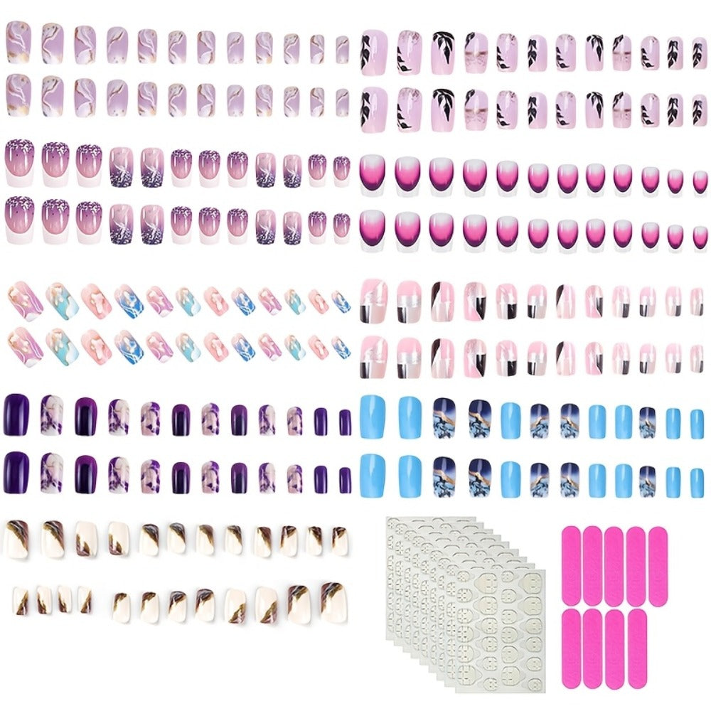 Ombre Press On Nails 216 Pieces 9 Packs – Gradient French Tip & Marble Square Full Cover False Nails for Women Girls | Colorful Nail Art Kit for Parties Weddings Daily Wear | Reusa - product image 2