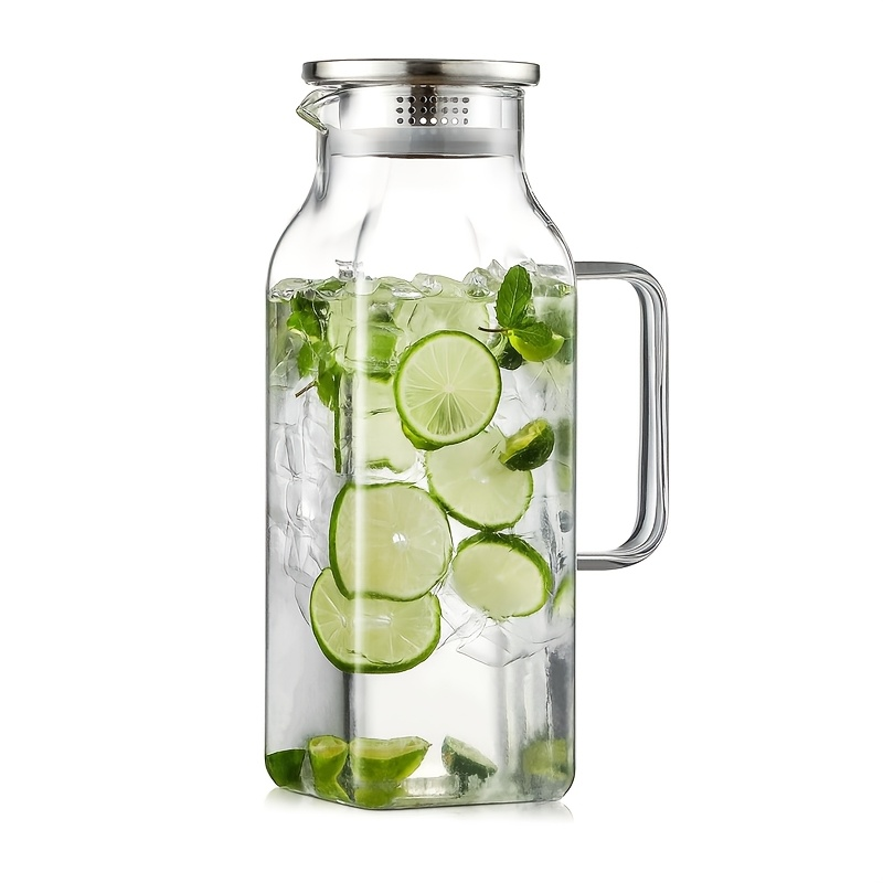 Glass Pitcher with Lid & Handle 68oz – Square Borosilicate Water Jug for Fridge – Heat Resistant Iced Tea Carafe, Cold Brew Coffee Server & Beverage Pitcher for Juice, Milk & Sangria