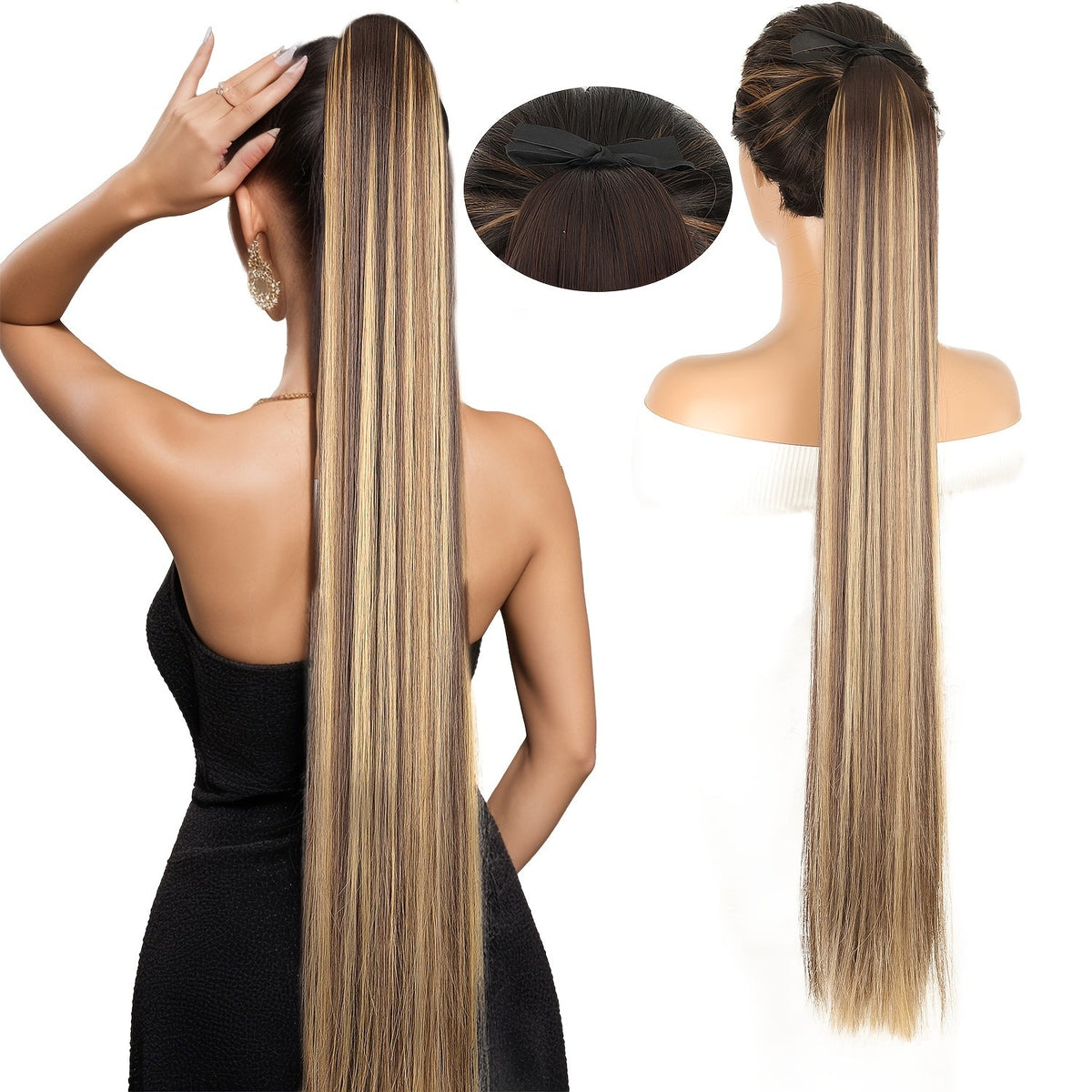 34 Inch Straight Ponytail Extension Ribbon Wrap – Long Sleek High Temperature Fiber Hairpiece for Women | Instant Wrap On Ponytail | Daily Wear Party Wedding | Brown Linen Champagn - product image 12