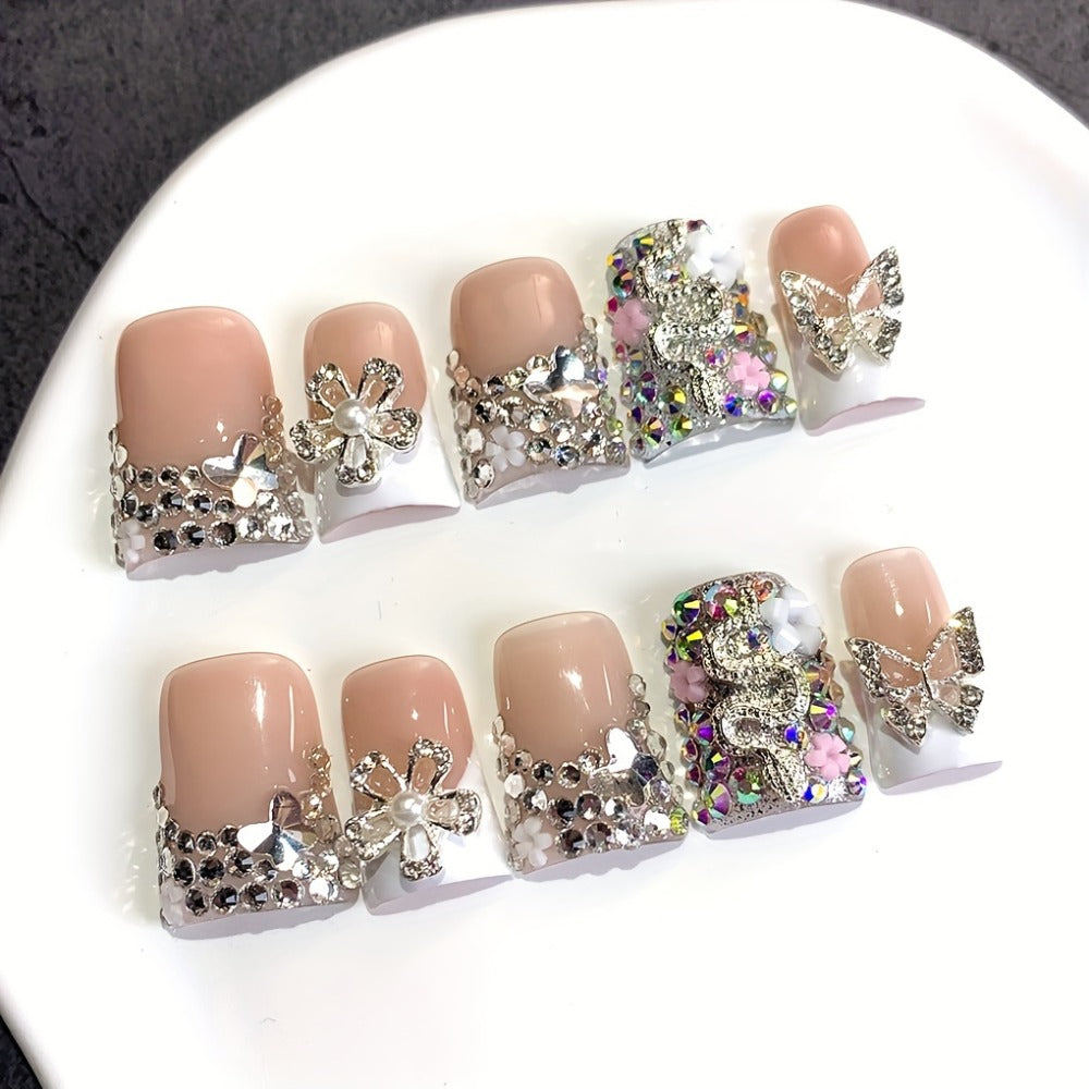 Ugly Cute Duckbill Press On Nails White French Style – Colorful AB Iridescent Floral Full Cover Handmade Acrylic Fake Nails for Daily Use, Parties & Birthday Gifts, 10pcs S/M/L - product image 2