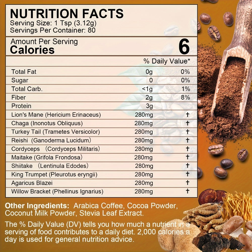 Mushroom Coffee Powder 500g with Reishi Cordyceps Lion's Mane Chaga & Turkey Tail — 5-in-1 Functional Instant Coffee for Focus Energy & Immune Support No Jitters Bold Smooth Flavou - product image 2