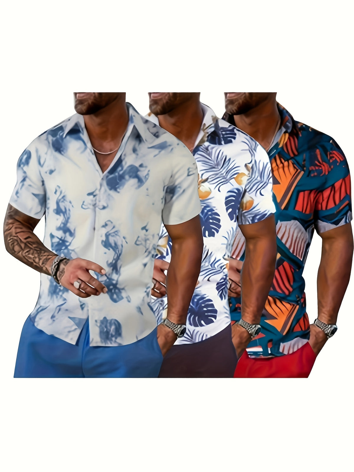 3pcs Men's Tropical Floral & Palm Tree Print Short Sleeve Shirts - Casual, Comfortable Summer Button-Up Dress Shirts in Black, White, & Beige - Perfect Gift for - product image