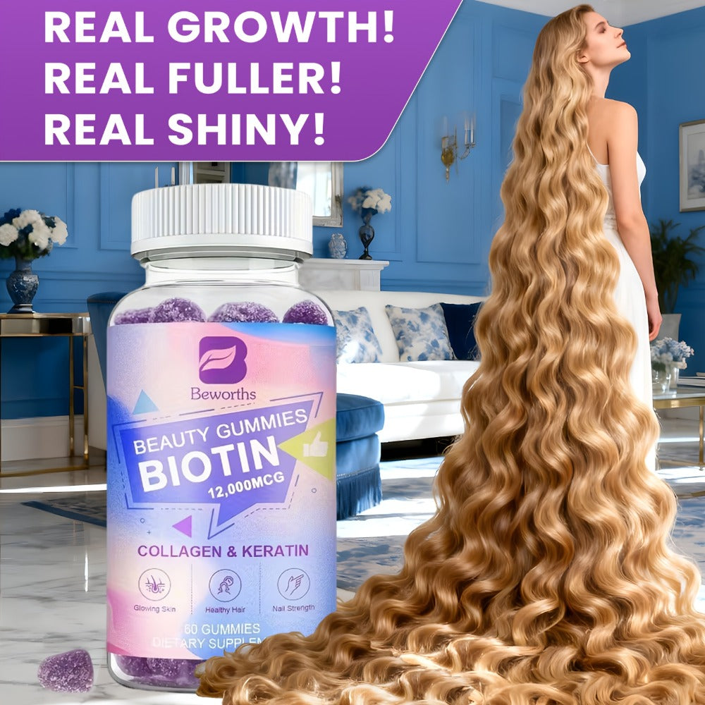 Biotin Gummies 12000mcg — with Collagen, Keratin, Chlorophyll, Zinc & Vitamins A B6 B12 C D E | Hair, Skin & Nail Support for Women & Men | 60 Gummies - product image