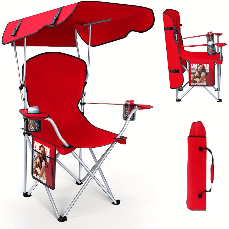 Carry-along Folding Camping Chair with Canopy Sun Shade 600D Oxford Fabric Outdoor Chair for Camping Beach Picnic Fishing Sports Featherlight Collapsible Seat