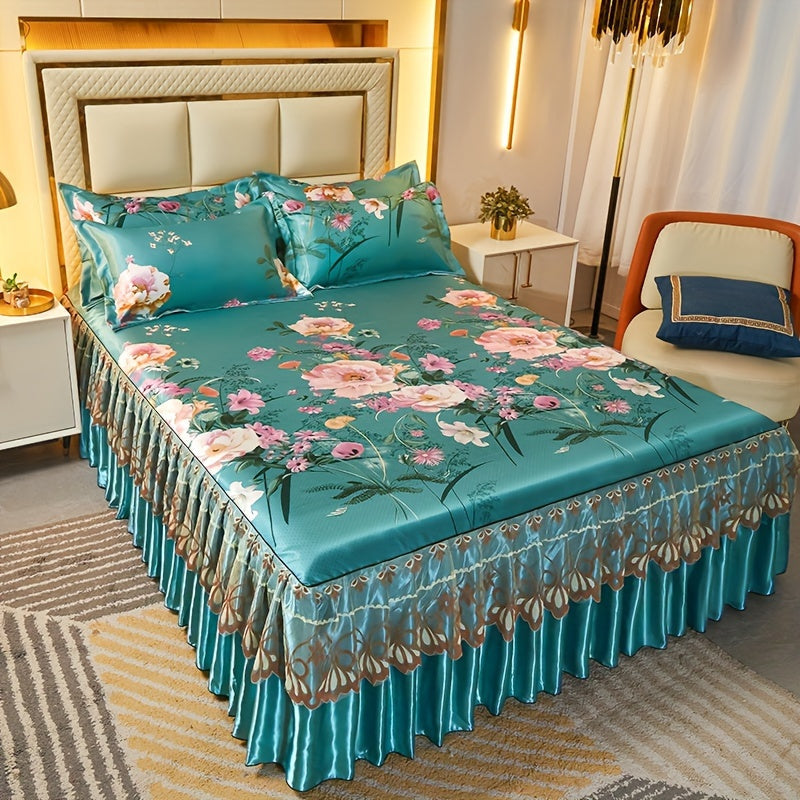Floral Ruffle Bed Skirt Cool Mat 3 Piece Set with Pillowcase, Double Layer 360° Full Wrap Washable Cooling Mattress Cover, Breathable Summer Bedding Set for Twin Full Queen King, P - product image 45
