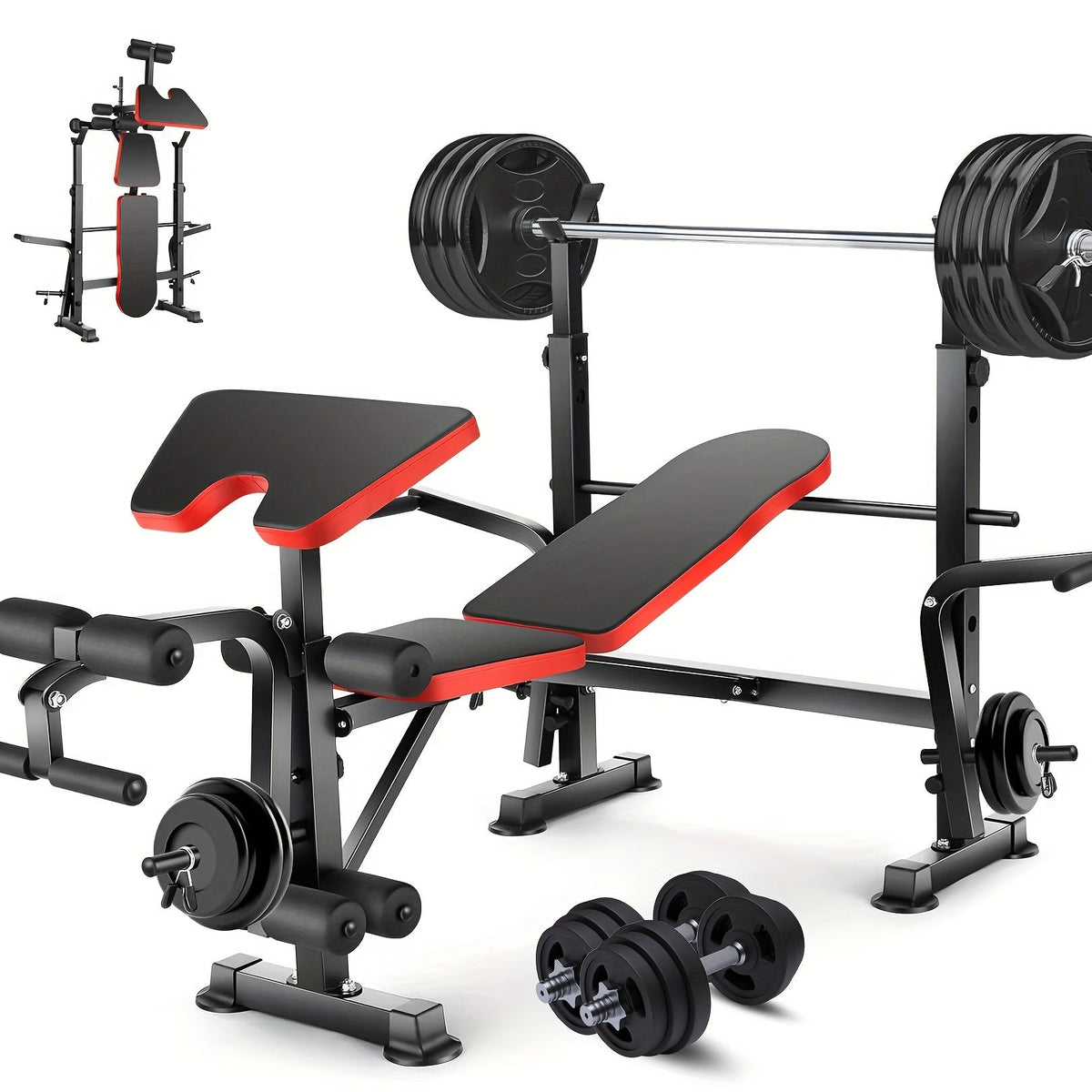 Adjustable Weight Bench Set – 3-Second Fast Fold, Full Body Strength Training for Press, Curl & Squat Exercises – Collapsible Home Gym Workout Bench with Squat Rack, Leg Developer & Preacher Curl Pad