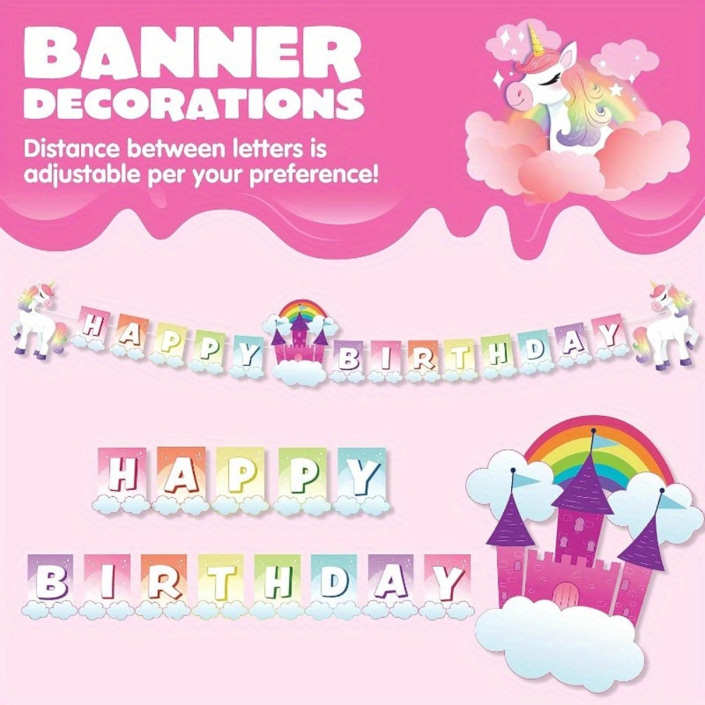 Disposable Tableware Set with Plates Cups Napkins Cutlery & Happy Birthday Banner for Unicorn Theme Birthday Party Decorations & Celebrations – Unicorn Party Supplies 145 Pcs for 24 Guests