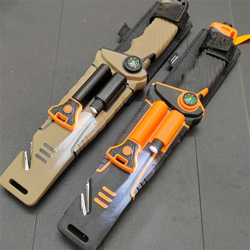 Fixed Blade Outdoor Camping Knife 9.64 Inch Stainless Steel – Non-Slip Ambidextrous Handle for Hiking Mountaineering Adventure – Survival Hunting Knife with Flint Fire Starter Night Light Sharpener Safety Sheath
