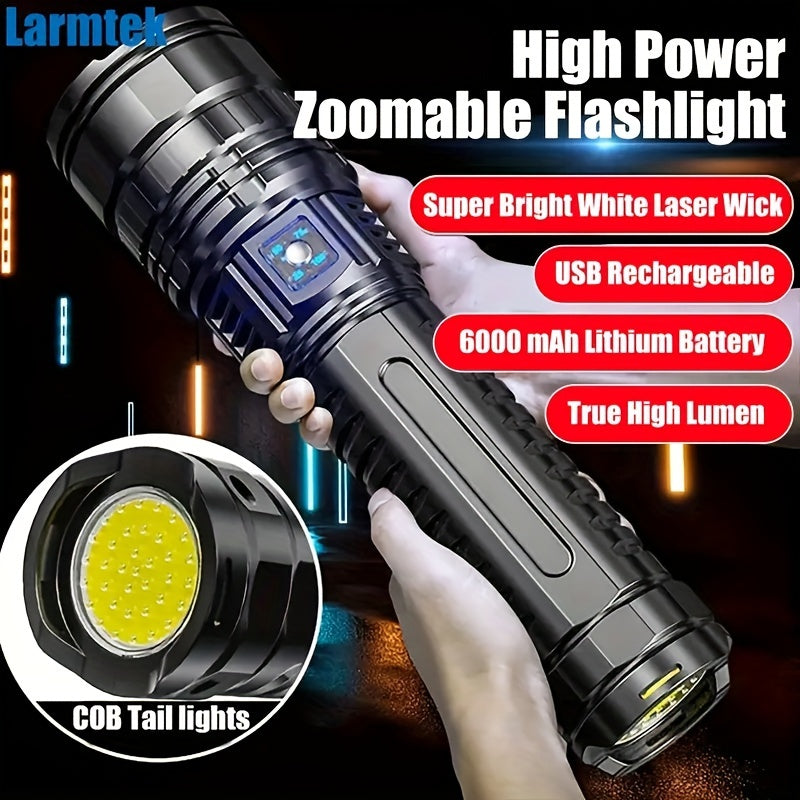 Zoomable COB Flashlight 5 Modes USB Rechargeable Power Bank with COB Tail Light for Camping Hiking Emergency Outdoor Adventures - product image
