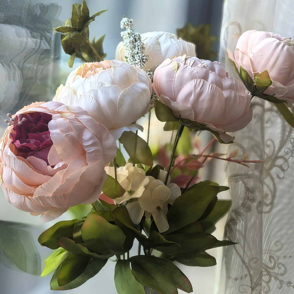 Faux Peonies Hydrangeas Artificial Flowers Vintage Silk Bouquet - Pink Green Mix Floral Centerpiece for Bridal Wedding Home Table Decor Rustic Farmhouse Arrangement - product image 7