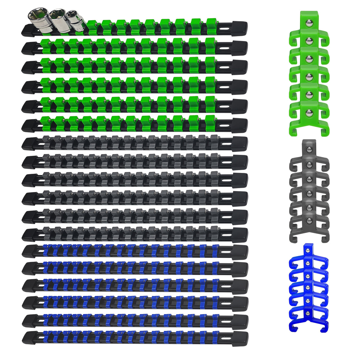 Socket Organizer Set with Rails – Heavy Duty ABS Socket Holder Rack for 1/4", 3/8" & 1/2" Drive – Tool Storage Kit for Toolbox, Garage & Workshop Organization (6, 9 or 18 Piece) - product image 12