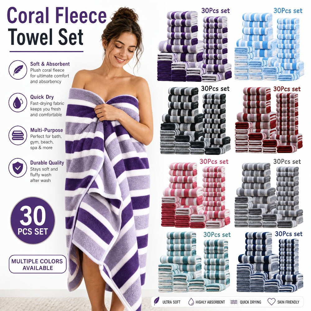 Bath Towel Set 30 Piece Coral Fleece Super Soft Quick Dry Fast Absorption Lightweight Large Wide Towels for Home Hotel Spa Gym Camping Christmas Gift Red Gray Green Navy Blue Purpl - product image