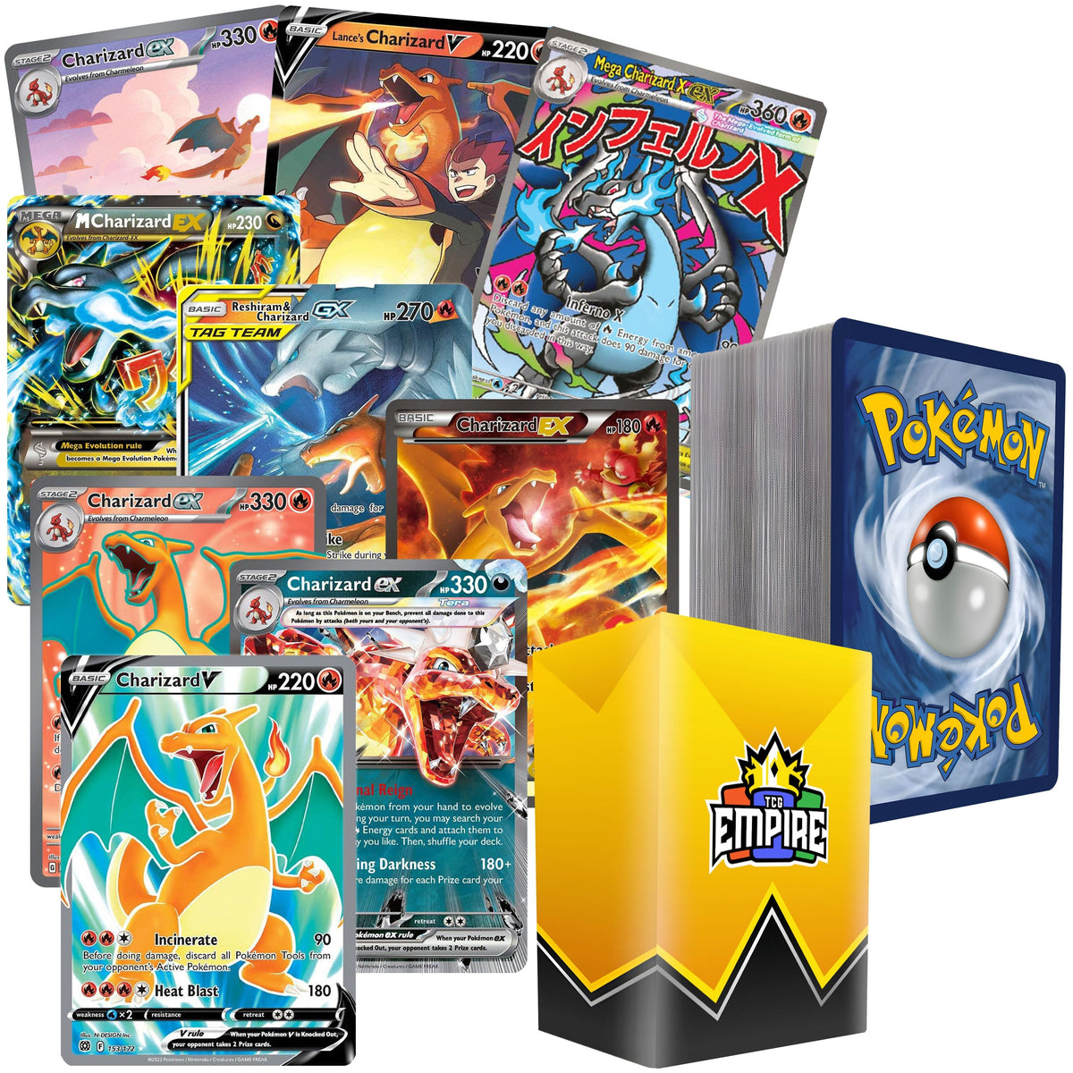 Charizard Guaranteed Bundle | 100 Cards with 1 Charizard Rare Card Guaranteed | 10 Holos & Rares | Gift for Kids & Collectors Ages 6+ | TCG Storage Box Included - product image