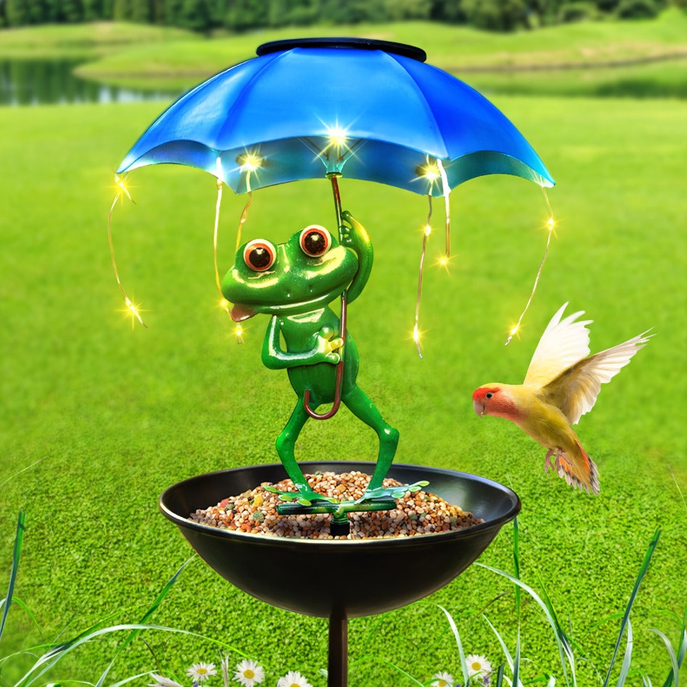 Solar Garden Decor Frog with Umbrella LED Light – Iron Frog Outdoor Statue with Solar Powered LED | Bird Feeder Garden Ornament for Patio, Lawn, Pathway & Deck | Unique Valentine G - product image