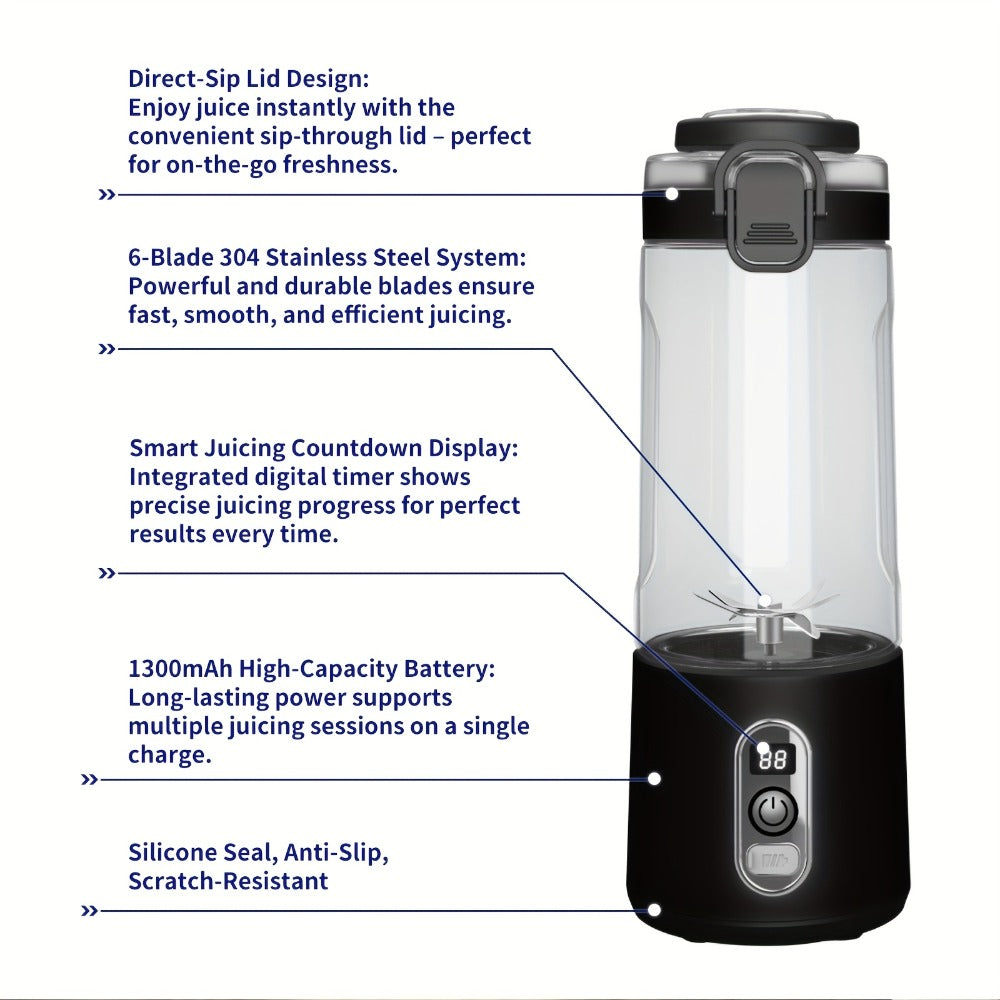 Portable Smoothie Blender USB-C Fast Charge 6-Blade Stainless Steel – Digital Timer Battery Display High-Speed Ice Crush No-Spill Lid | Protein Shake Gym Travel Blender in Black Pi - product image 29
