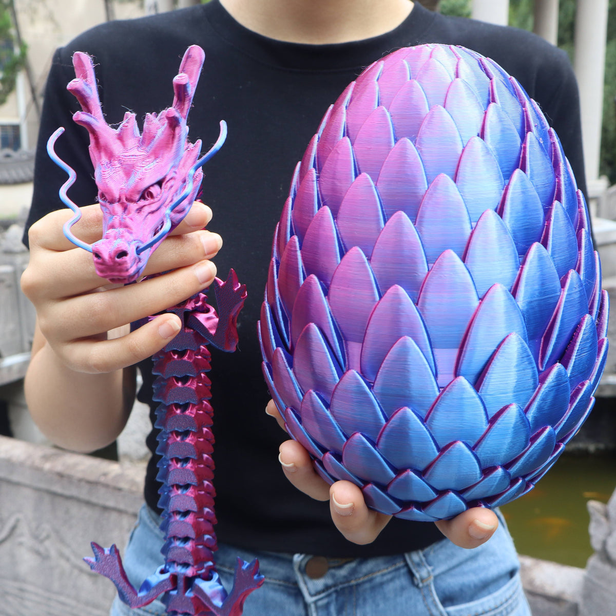 7.09in Scaled Egg + 23.62in Large Dragon Ornament, 10 Colors Rainbow Amethyst Crystal Fantasy Collector Gift for Adults Easter Valentine Birthday – Dragon Egg Gift Set 3D Printed