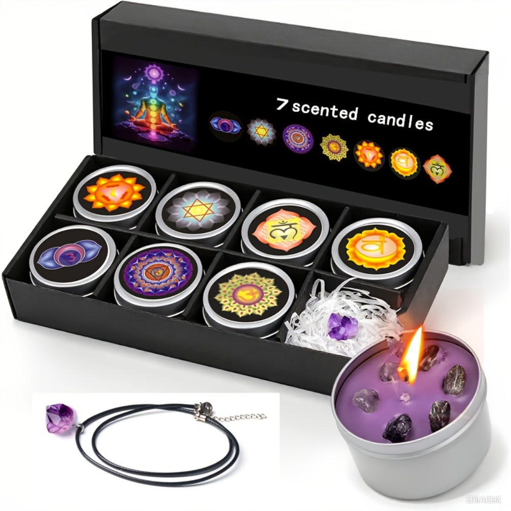 Scented Candle Gift Set 7 Soy Wax Candles with Natural Crystal Pendants 7 Colors Aromatherapy Candles for Home Decor Yoga Meditation Christmas Halloween Birthday Gift for Women Men - product image