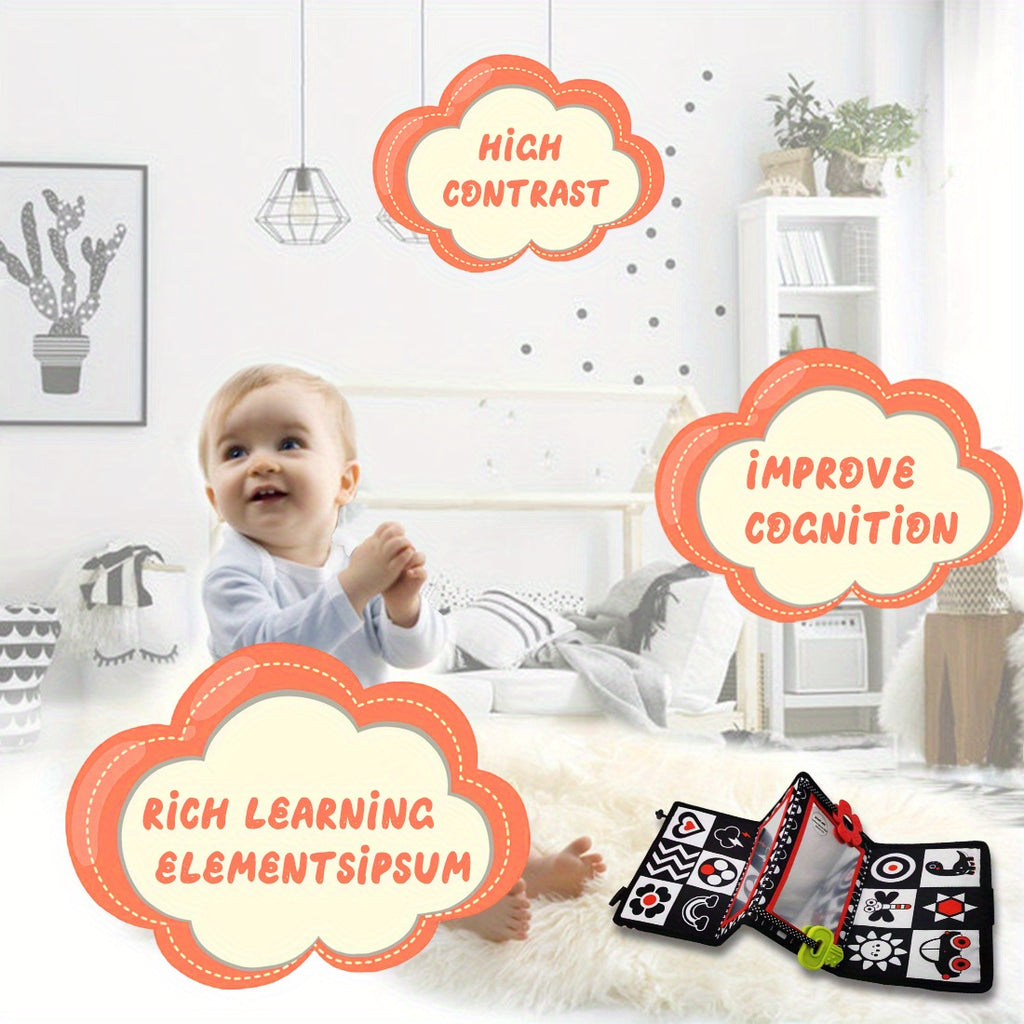 Double-Sided Tummy Time Floor Mirror with Teethers - Black & White High Contrast Baby Toys for Sensory Development, Crawling Aid with Interactive Animal & Geometric Patterns