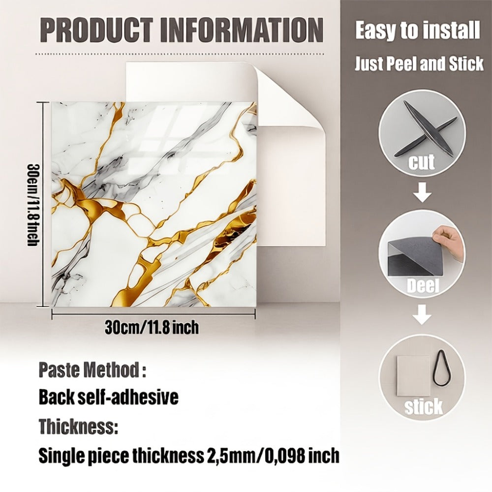 Self-Adhesive Marble Tile Stickers 11.8x11.8in Peel and Stick Wall Tiles for Bathroom Kitchen Backsplash – Waterproof 3D Glossy Imitation Marble Wall Panel, Easy to Install, 50 or  - product image 4