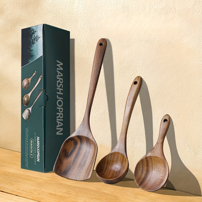 Teak Wood Kitchen Utensil Set 3 Piece Solid Wood Cooking Spoon Rice Spoon High Temperature Resistant Non-Stick Pan Safe Wooden Cooking Utensils Polished Finish - product image 3