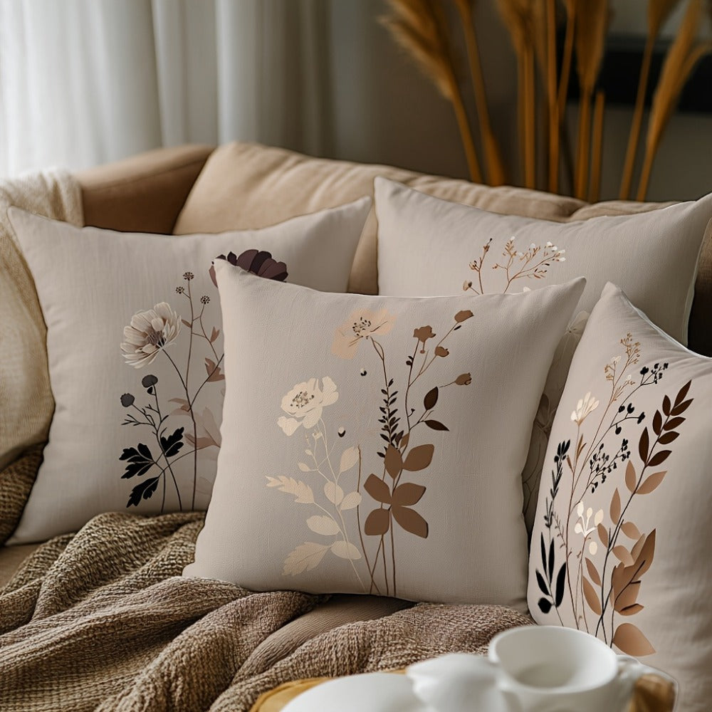 Throw Pillow Covers 18x18 Set of 4 - Floral Botanical Square Cushion Cases Beige Brown Gray | Zipper Closure Machine Washable Decorative Pillows for Living Room Bedroom Sofa Couch  - product image