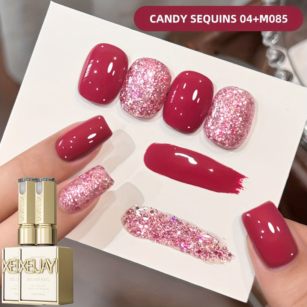 Glitter Gel Nail Polish Set 2pcs – Candy Holographic Sequin Nude Pink Sparkling Semi Permanent Soak Off UV LED Nail Art Varnish Manicure Kit for Women - product image 12