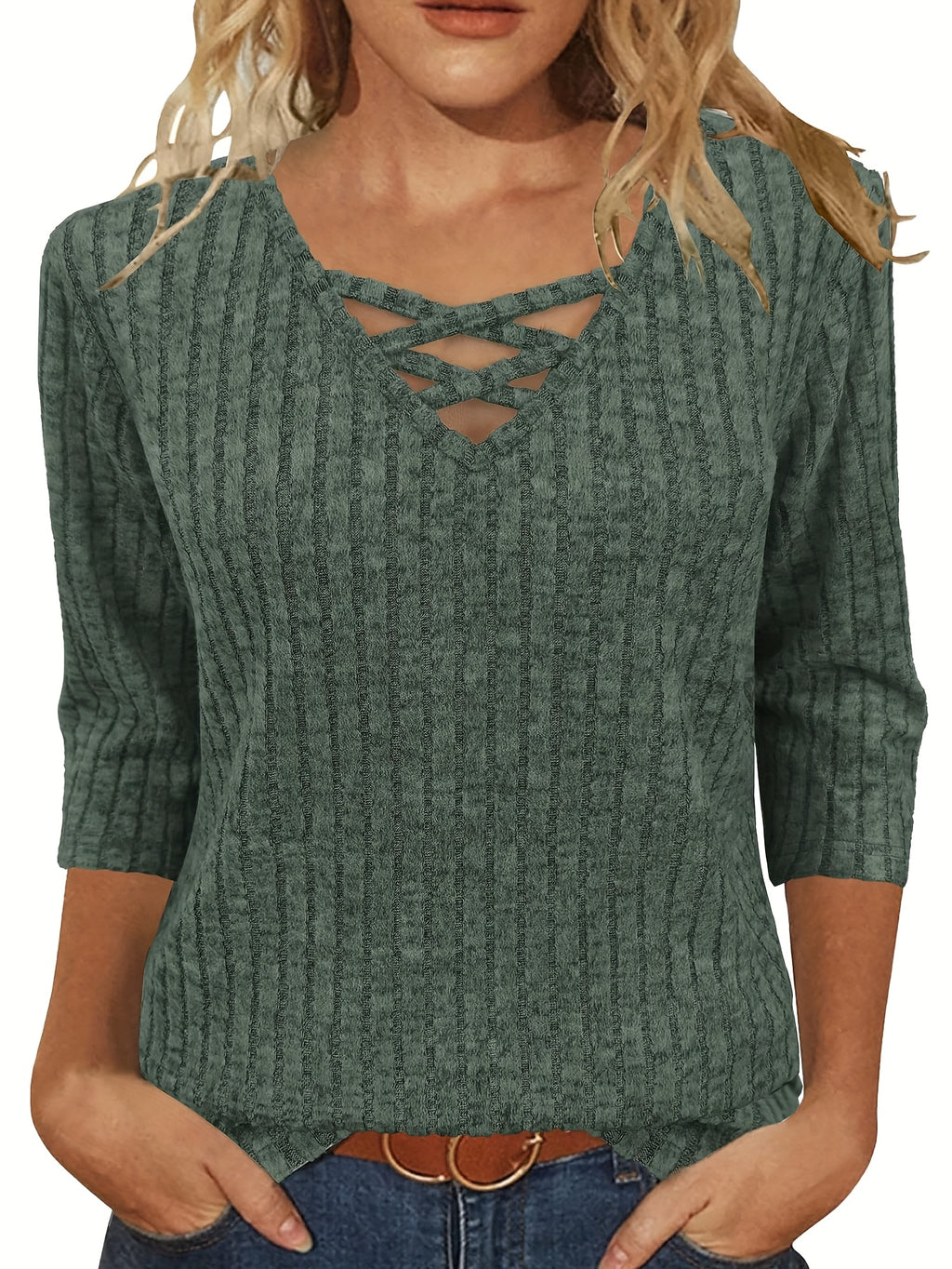Casual Pullover with 3/4 Sleeves for Women, Featuring a Light and Loose Fit, and a Cross V-Neck Design - product image 8